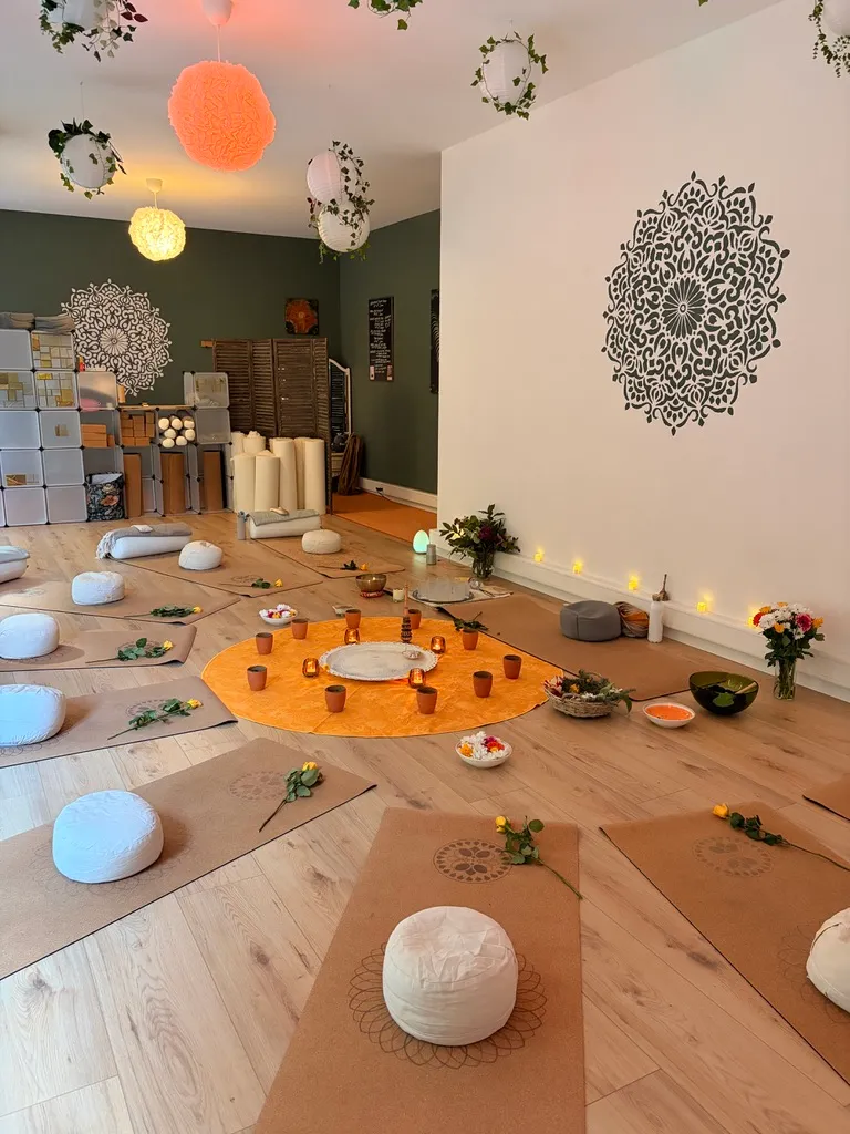 The studio’s sage-green wall with a hand-painted mandala, mats laid out below