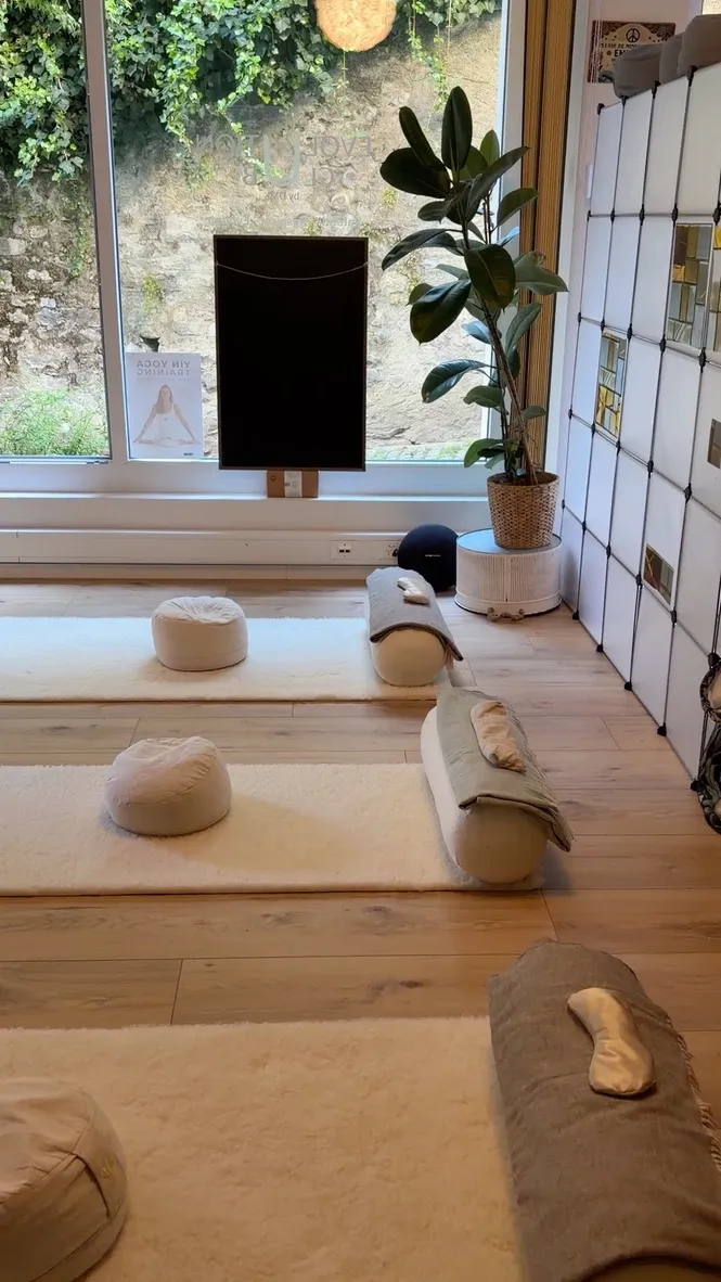 Mats, cushions, and bolsters by the window, with the green courtyard behind